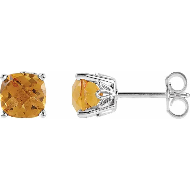 Cushion Cut Citrine Stud Earrings