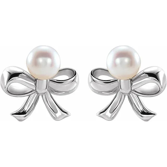 Sterling Silver Cultured Pearl Bow Earrings
