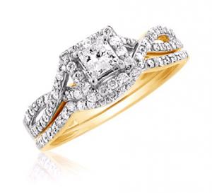 Haloed Princess Cut Center Stone Diamond Bridal Set With Unique Design