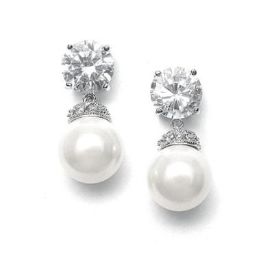Round CZ Wedding Earrings with Bold Pearl